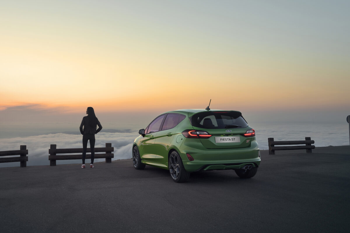 A 2023 Ford Fiesta ST parked at the top of a mountain.